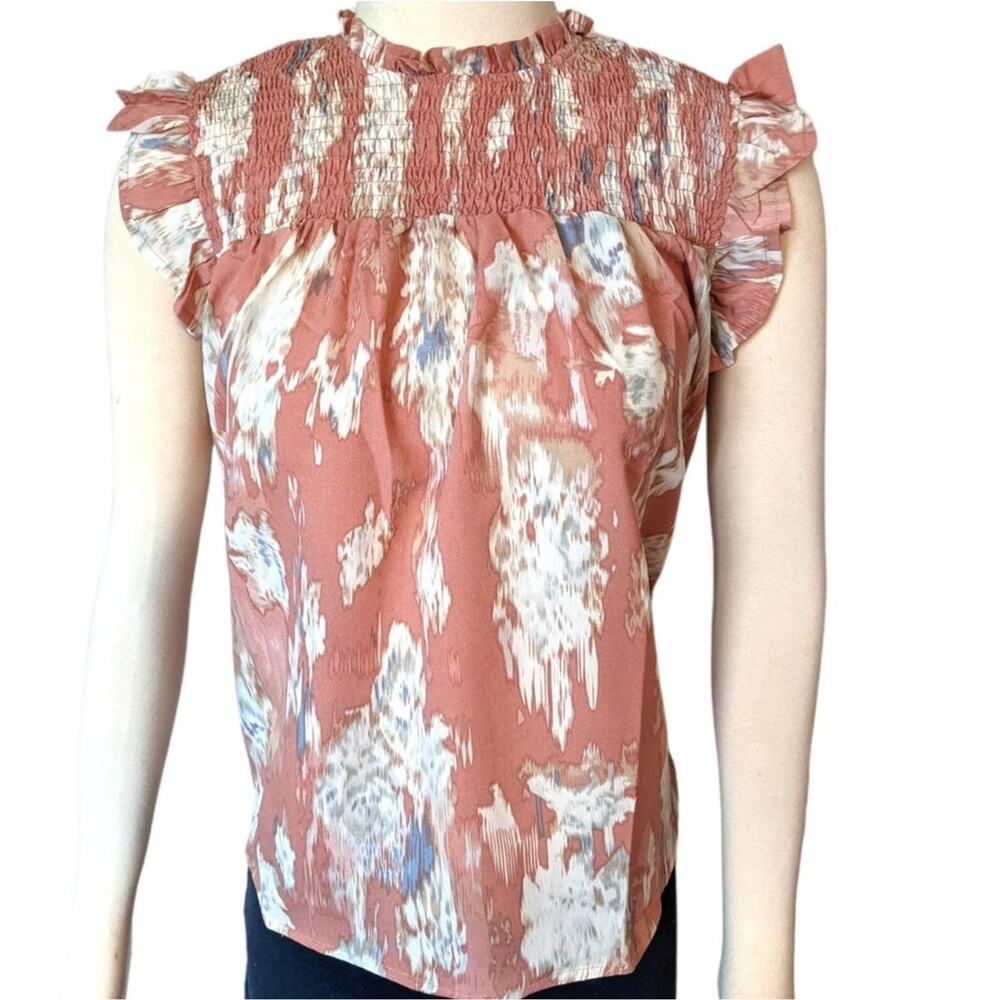 HAYDEN Sasha Pink Watercolor Smocked Top Ruffle Sleeves Large NEW
